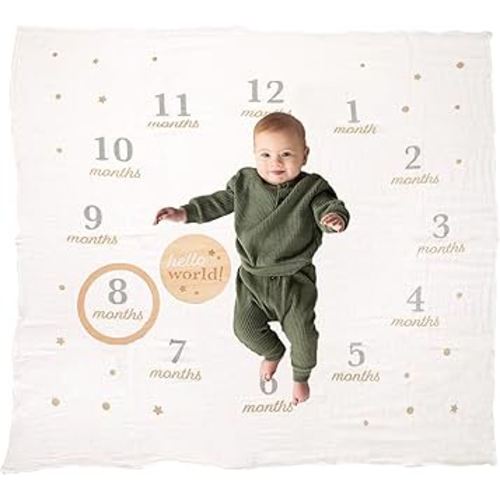 Pearhead Hello World Milestone Blanket and Prop, Baby Monthly Milestone Updates, Growth Blanket with Photo Posing Props, Perfect Newborn Gift and Nursery Décor, 44" x 44"