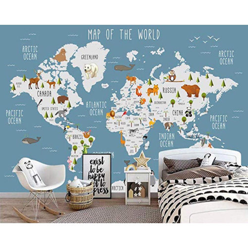 Indigo Safari Alfredo Peel And Stick Blue World Map Wall Mural Cartoon Animal Wallpaper | Wayfair