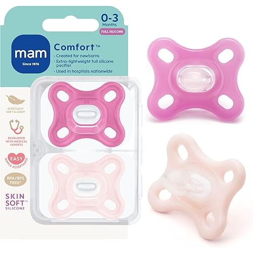 MAM Comfort Baby Pacifier 0-3 Mths Lightweight One-Piece Silicone 2 Pack