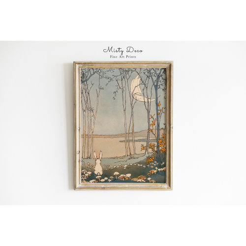 Cute Vintage Rabbit Illustration for Nursery and Kids Room, Enchanting Painting of a Rabbit Looking at the Moon, Vintage Nursery Wall Art.