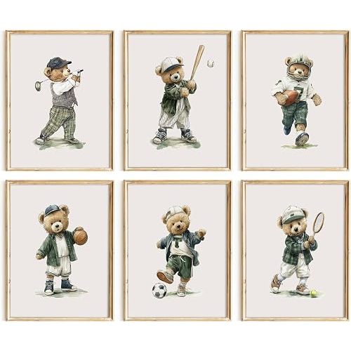 Teddy Bear Nursery Wall Art Sage Green Baby Boy Canvas Wall Decor Vintage Sports Nursery Prints Teddy Bear Pictures Golf Painting Kids Sports Artwork for Toddler Bedroom 8x10 Inch Unframed Set of 6