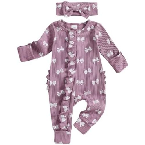 Baby Girl Newborn Clothes Fall Winter Hospital Coming Home Outfit Bow Long Sleeve Romper Zipper Onesie Jumpsuit