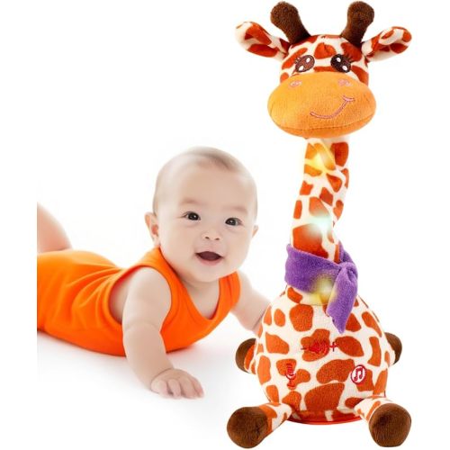 Dancing Talking Singing Giraffe Baby Toy, Tummy Time Toy Giraffe Stuffed Animal with Volume Adjustment, Singing 10 Children's Songs Light Up Toys, Repeating What You Say (Cute Yellow)