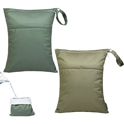 ALVABABY 2pcs Waterproof Wet Dry Bags,Reusable with Two Zippered Pockets,Baby Cloth Diaper,Travel,Beach,Pool,Daycare,Soiled Baby Items,Yoga Gym Bag,Swimsuits or Wet Clothes LW2122