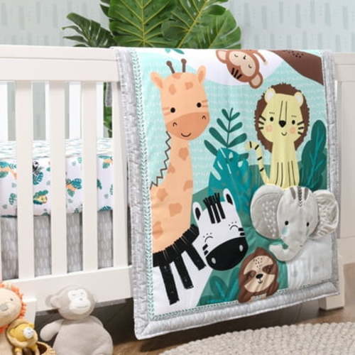 The Peanutshell Green and Grey Safari Adventures Crib Bedding Set for Baby Boys or Baby Girls, 3 Piece Nursery Set