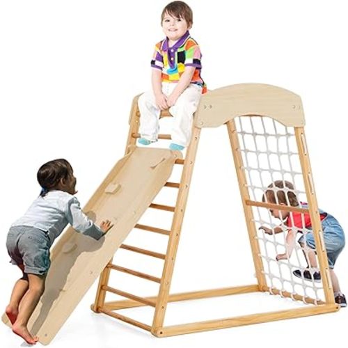 Costzon Indoor Jungle Gym, 6-in-1 Montessori Climbing Toys for Toddlers with Double-Sided Slide, Climbing Rock/Net, Indoor Wooden Playground Climber Playset for Kids 2-6 Years Birthday