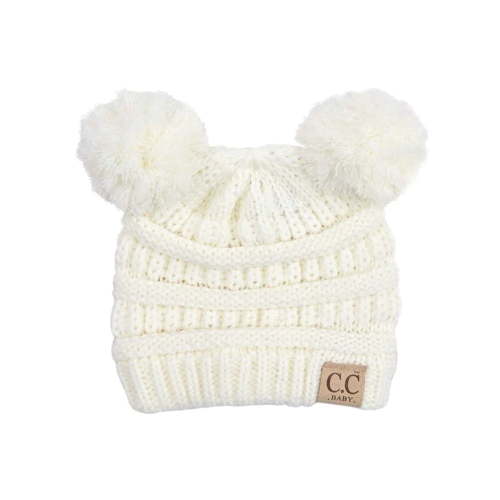CC Baby Double Pom Cable Knit Yarn Pom Newborn to 9 Months Infant Beanie Ivory - Soft, Warm Hats for Babies and Toddlers - Cozy Winter Wear