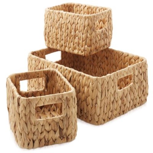Casafield Water Hyacinth Storage Basket Set for Shelves - 1-Large, 2-Small - Woven Storage Bin Organizers with Handles