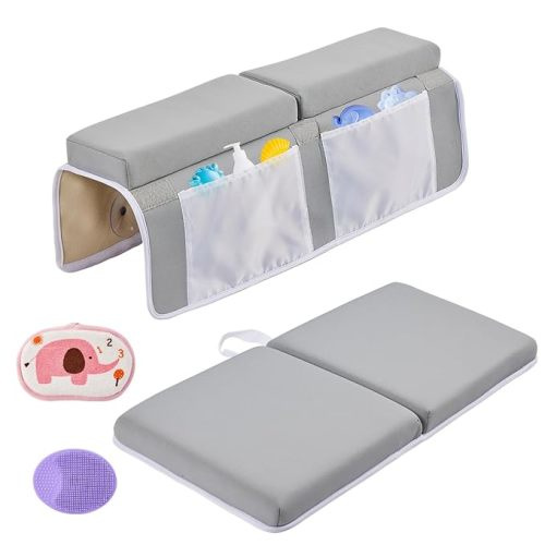 Baby Bath Kneeler and Elbow Rest Pad Set,Baby Bathtub Mat for Newborn Essentials Must Haves,Kneeling Pad with Soft Memory Foam and Bath Toy Organizer,Silicone Brush Bath Sponge,Grey - Large