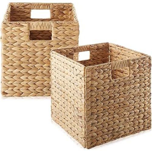 Casafield 12" x 12" Water Hyacinth Storage Baskets, Natural - Set of 2 Collapsible Cube Organizers, Woven Bins for Bathroom, Bedroom, Laundry, Pantry, Shelves