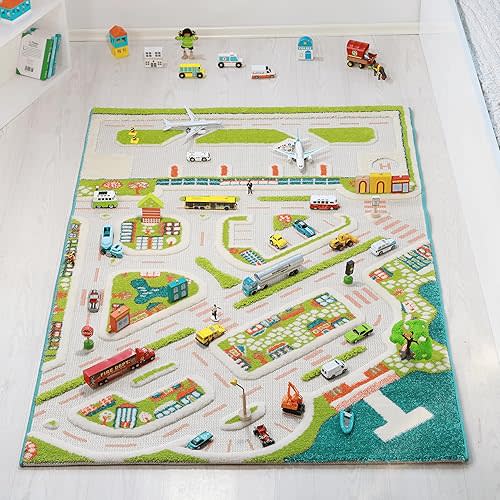 IVI Mini City 59" L x 39" W Educational Toddler Car Play Mat Rug for Bedroom, Kids Den, or Playroom
