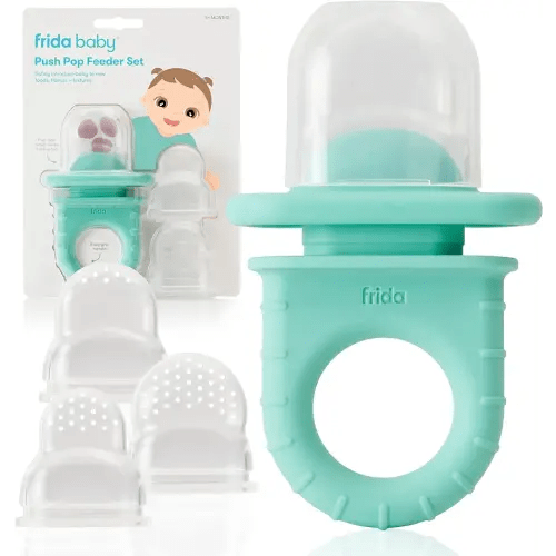 Frida Baby Push Pop Feeder: Baby Fruit Food Feeder to Safely Introduce New Foods, Fresh + Frozen Food Silicone Feeder for Babies, Baby Stocking Stuffers, BPA Free, Dishwasher Safe - 3 Count, Teal
