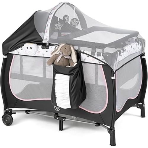 BABY JOY 4 en 1 Pack and Play, corralito portátil para bebé con moisés, toldo ajustable, cambiador, ruedas bloqueables, caja de música, cuna de viaje para bebé de recién nacido a niño pequeño