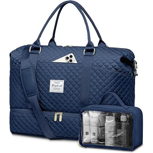 Weekender Bags for Women Duffle Bag - Travel Duffel Bag with Shoe Compartmen Carry on Overnight Bag with Wet Pocket Hospital Bags for Labor and Delivery Blue