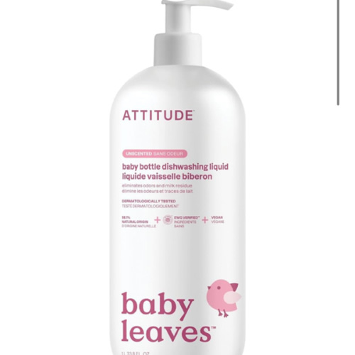 ATTITUDE Baby Dish Soap and Bottle Cleaner, EWG Verified Dishwashing Liquid, No Added Dyes or Fragrances, Tough on Milk Residue and Grease, Vegan, Unscented, 33.8 Fl Oz