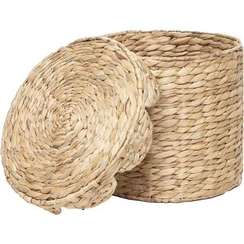 Round Wicker Laundry Hamper with Lid, Natural Water Hyacinth Woven scalloped basket, Space-Saving for Dirty Clothes - Bedroom & Bathroom (Small)