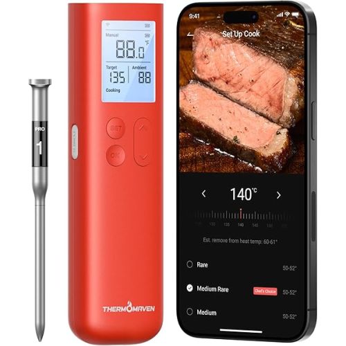 ThermoMaven Smart Bluetooth Wireless Meat Thermometer, 10X Enhanced Sub-1G Signal and Stability, Standalone Display Base, Certified Accuracy ±0.5°F, WiFi Unlimited Range for BBQ, Oven, Smoker, Grill