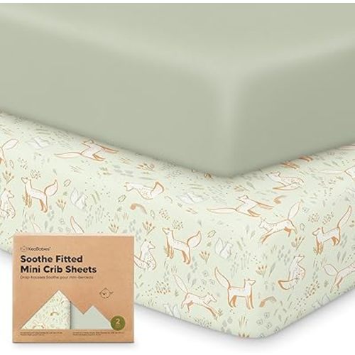 2-Pack Mini Crib Sheets Fitted - Pack N Play Sheets for Pack and Play Mattress, Organic Cotton, Soft & Breathable Jersey Playard Bedding, Neutral Mini Toddler Bed Cover for Boys, Girls (Foxtrot)