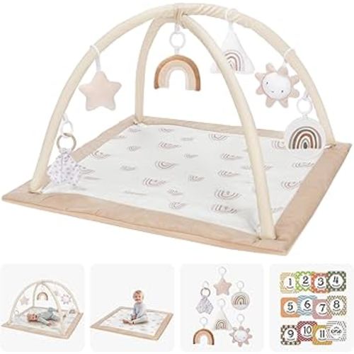 Washable Tummy Time Mat, Baby Play Gym with 6 Featured Toys and 12 Milestone Cards, Baby Gym for Infant & Toddler, Deluxe Larger Baby Play Mat, Baby Play Mats for Floor, Non Slip Mats
