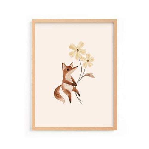 Minted Fox with Flowers Wall Art by Vivian Yiwing, Natural Frame, 18x24