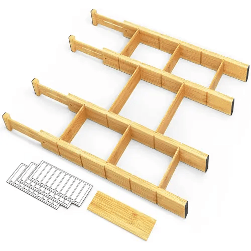 SpaceAid Bamboo Drawer Dividers with Inserts and Labels, Kitchen Adjustable Drawer Organizers, Expandable Organization for Home, Office, Dressers, 4 Dividers with 9 Inserts (17-22 in)