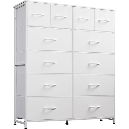 WLIVE Tall Dresser for Bedroom with 12 Drawers, Dressers & Chests of Drawers, Fabric Dresser for Bedroom, Closet, Fabric Storage Dressers with Storage Drawers, Steel Frame, Wood Top, White