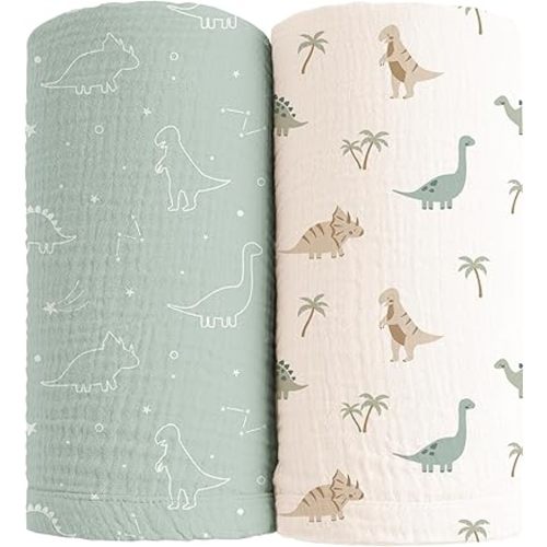 Konssy Muslin Swaddle Blankets for Girls Boys, 2 Pack Receiving Baby Blanket Large 47 x 47 inches, Soft Breathable Swaddling Wrap for Unisex Newborn (Dino Jungle,Sage Dino)