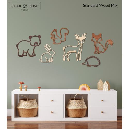 Woodland Set of 6 Animals - Fox, Bear, Deer, Hedgehog, Squirrel, Rabbit | Wooden Nursery Wall Decor | Forest Animals | Scandi Baby Play Room