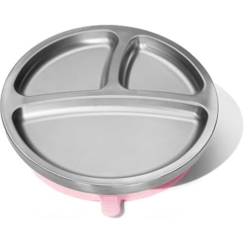 Avanchy Baby Plates with Suction – Stainless Steel Divided Plates for Toddlers, BPA-Free, Dishwasher Safe, Unbreakable, Non-Toxic, 100% Silicone Suction – Pink