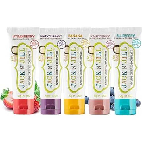 Jack N' Jill Natural Toddler Toothpaste - Fluoride Free Training Toothpaste for Toddlers 1-3, 40% Xylitol, BPA Free - 1.76 oz (Variety Pack of 5)