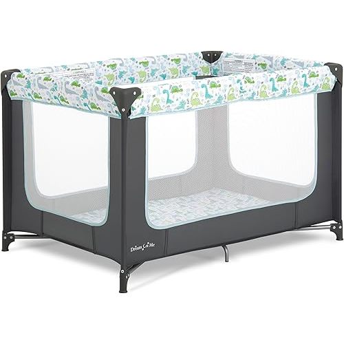 Dream On Me Zodiak Baby Playard, Breathable Mesh Sides, Soft Comfortable Mattress, Quick & Easy to Fold with Travel Carry Bag, Compact Space Saving Design - Grey/Green
