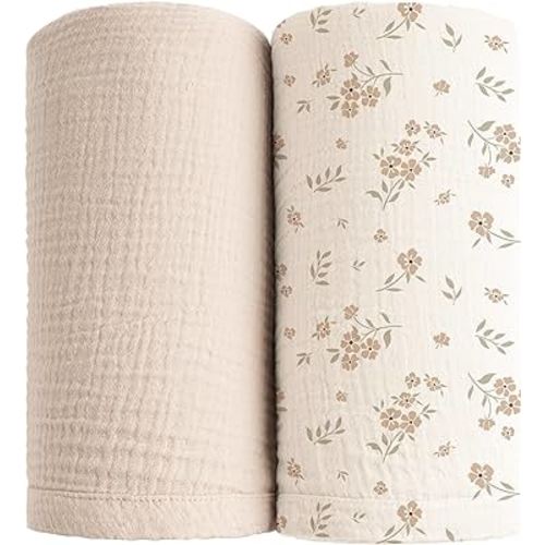 Konssy 2 Pack Muslin Swaddle Blankets, 100% Cotton Receiving Blanket Large 47 x 47 inches for Baby Boys Girls, Soft Breathable Muslin Baby Blanket for Newborn (Blossom,Cream)