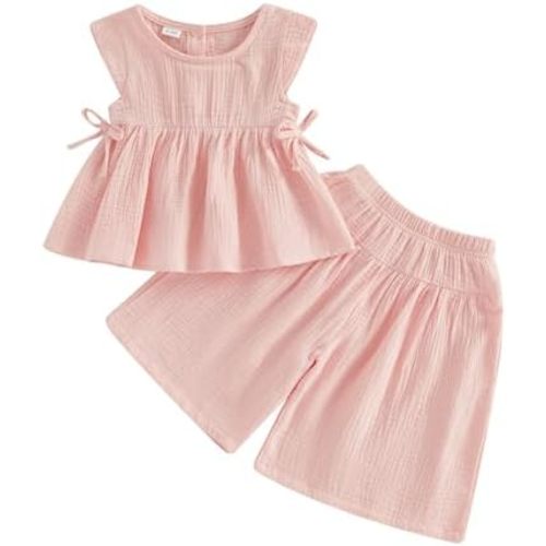 Baby Girl Summer Clothes Outfit Cotton Linen Sleeveless Ruffle Shirt and Wide Leg Pants Toddler Girls Clothes Set
