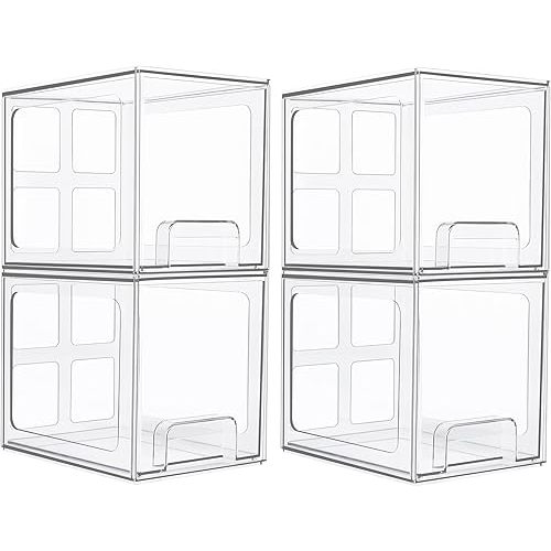 Vtopmart 4 Pack Stackable Storage Drawers, 6.6''Tall Acrylic Bathroom Makeup Organizers,Clear Plastic Drawers For Vanity, Undersink, Kitchen Cabinet,Pantry Organization and Storage