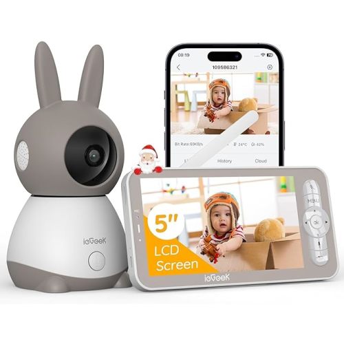 ieGeek 2K Baby Monitor, 5 inch WiFi Video Baby Camera, 2 Way Audio, Motion & Cry Detection, Temperature & Humidity Sensor, Night Vision, Free Smart Phone App & Wireless Screen Control, 360° Pan&Tilt - White