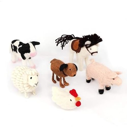 B & D Needle Felt Animal, Needle Wool Domestic Fowl Ornament,White Rooster, Horse, Sheep, Pink Pig, Cow, and Dog, Set of 6 Pieces
