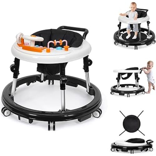 Music and Lights Baby Walker Foldable with 9 Adjustable Heights, Baby Walker with Wheels Portable, Infant Toddler Walker for Baby Boy Girls 6-18 Months