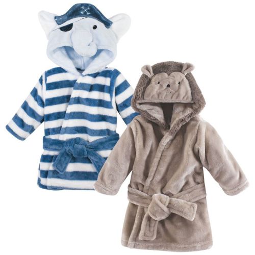 Hudson Baby Infant Boy 2pc Plush Animal Face Bathrobe, Pirate Elephant Hedgehog, 0-9 Months