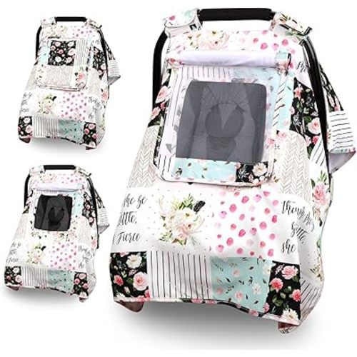 Baby Car Seat Cover, Infant Carseat Canopy with 3 Layers Windows, Breathable Mesh Peep Window, Kick-Proof Carrier Cover for Boys Girls, Windproof Stroller Cover Shower Gift for Newborn