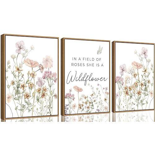 3Pcs Framed Watercolor Flowers Nursery Wall Art Florals Botanical Sentence Picture Wall Decor Pink Wildflowers Poster Print Artwork for Girl Nursery Bedroom Livingroom Inspirational Wall Decoration