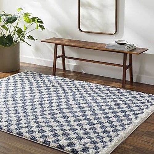 Hauteloom Kieu Contemporary Checkered Fluffy Shag Area Rug - Modern Geometric Soft Carpet Tiles for Living Room, Kids Room, Nursery - Blue, White - 5'3" x 7'