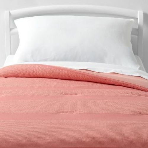 Toddler Waffle Striped Kids' Comforter Pink - Pillowfort™: Oeko-tex Certified, Polyester-cotton Blend, Toddler Bedding