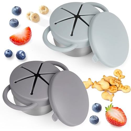 Daximo 2 Pack Snack Cups for Toddlers Spill Proof - Detachable Stainless Steel Toddler Snack Cups with Silicone Lids & Handles - Dishwasher Safe Snack Container(Matte Gray and Matte Green)