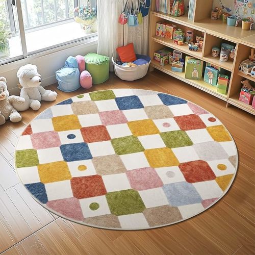 jinchan Round Rug 4ft Kids Rugs Washable Rug Colorful Trellis Rug Indoor Floor Cover Non Slip Modern Rug Living Room Rug Diamond Carpet Soft Rug for Nursery Room Bedroom Playroom Circus on Cream
