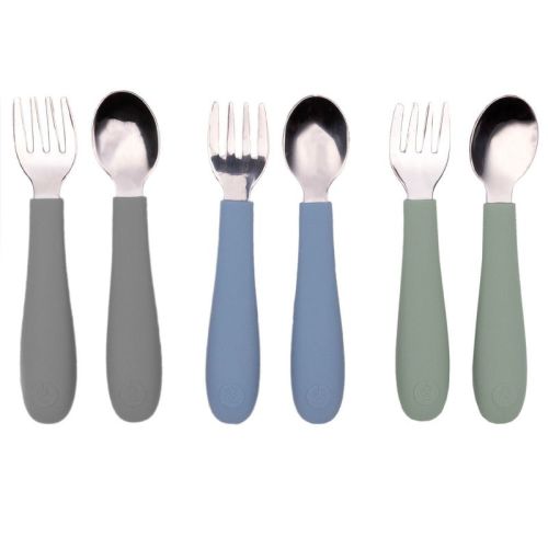 Weesprout Toddler Utensils, 3 Forks & 3 Spoons, 18/8 Stainless Steel & Food Grade Silicone - Matte Blue, Pink, Off White