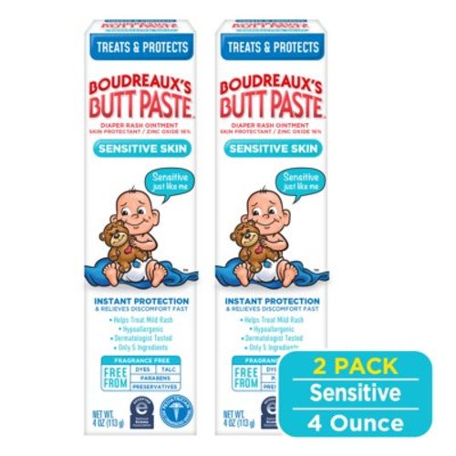 Boudreaux's Butt Paste For Sensitive Skin, Baby Diaper Rash Cream, Infant Ointment, 4 oz, 2 Pack