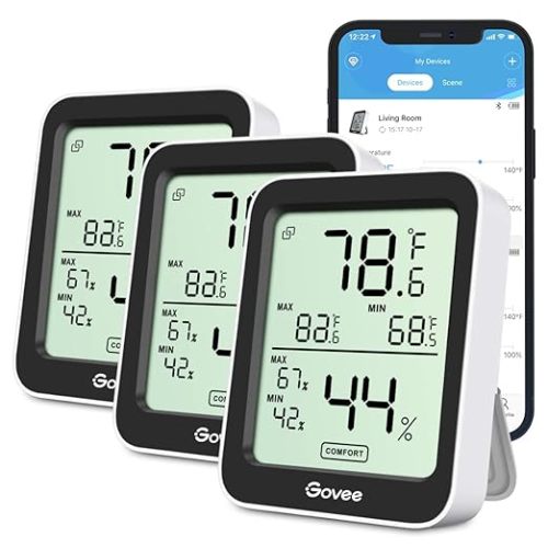 Govee Indoor Hygrometer Thermometer 3 Pack, Bluetooth Humidity Temperature Gauge with Large LCD Display, Notification Alert with Max Min Records, 2 Years Data Storage Export for Room Greenhouse, Black