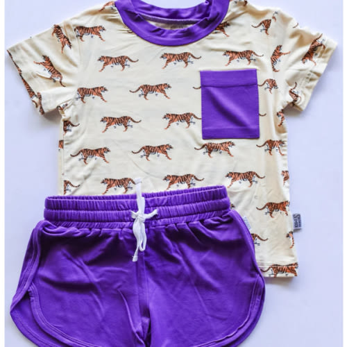 Viscose Bamboo | Purple Tiger Varsity Short Set | Tee & Short | Functional Drawstring – Southern Slumber