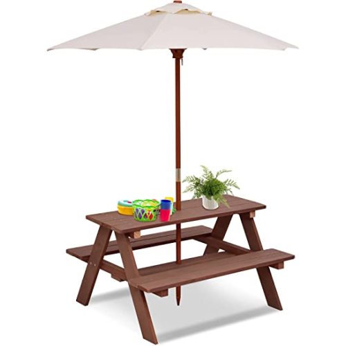 HONEY JOY Kids Picnic Table, Outdoor Wooden Table & Bench Set w/Removable Umbrella, Children Backyard Furniture for Patio Garden, Toddler Picnic Table for Outdoors, Gift for Boys Girls, Walnut