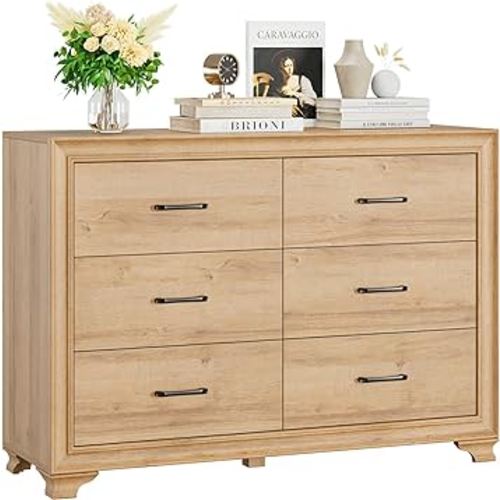 HIFIT 6 Drawer Double Dresser, 47.2" Wide Chest of 6 Drawers, Wooden Farmhouse Dressers for TV Stand, Storage Organizer Cabinet for Living Room, Hallway, Entryway, Oak, 47.2" Wx15.6 Dx33.6 H